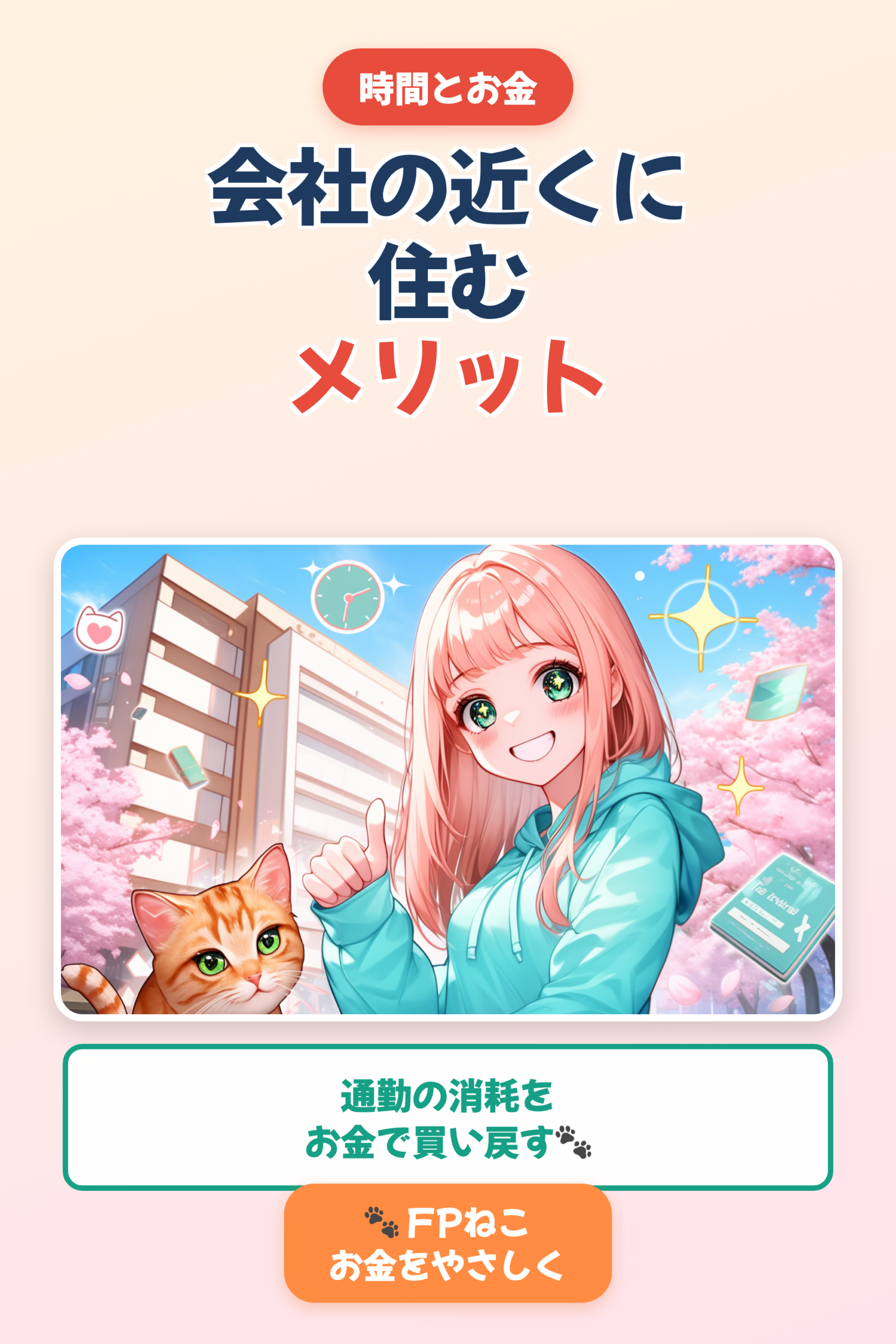 会社の近くに住むメリット｜通勤の消耗をお金で解決【FPねこ】｜Pinterest用